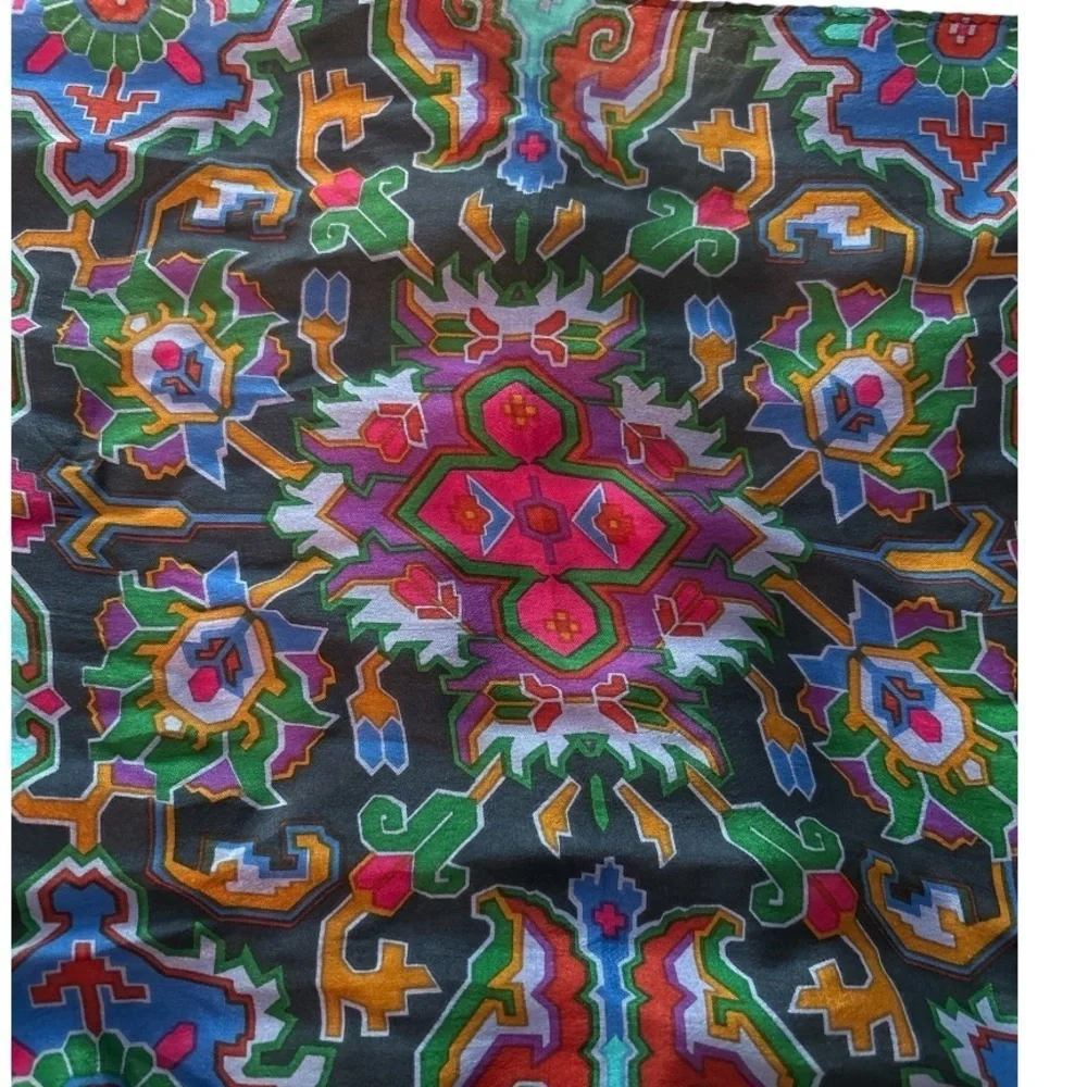 Scarf, geometric print in rich colors, oblong, silky feel. Vintage.